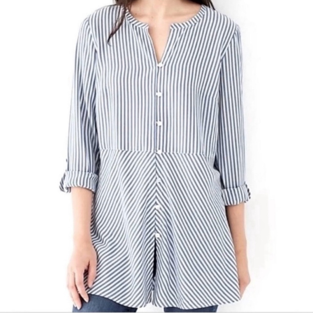 J. Jill Striped Button Front Tunic V-neck Roll Tab Sleeve Women XL White